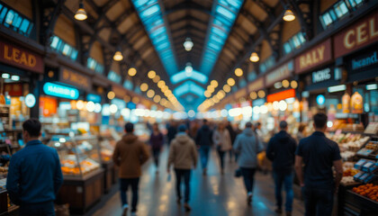 Blurred people walking through a shopping mall with bright lights