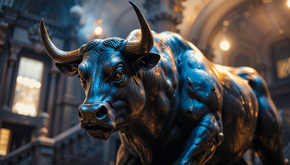 Bull statue in a financial district with dramatic lighting