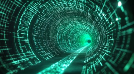 Abstract glowing green tunnel with intricate digital lines and grid patterns, symbolizing technology, communication, and the future, set against a dark background.. AI Generation