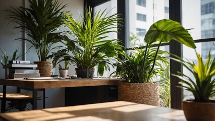 Fototapeta premium Indoor plants creating a serene atmosphere in a modern workspace 