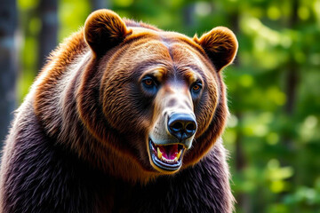 Grizzly Bear with Vibrant, Rich Fur Colors Gracefully Moving Through a Blurred Forest, Capturing Its Majestic Presence, Vibrant Wallpaper