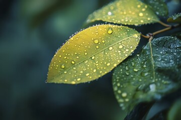 Dew-Covered Green Leaves on a Twig, Close-up Freshness, Water Droplets, Detailed Leaf Texture, Nature's Beauty, Natural Environment