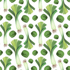 Seamless pattern leek on white background. Imitation oil art. Autumn harvest, healthy food.