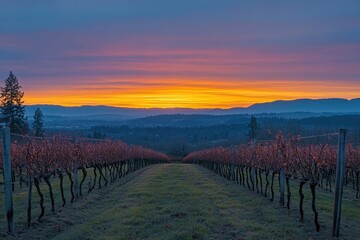 Obraz premium A vineyard at sunset with rows of vines and a colorful sky over distant mountains and rolling hills
