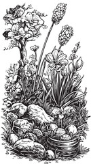 Spring garden illustration packed with eggs, flowers, and seasonal joy