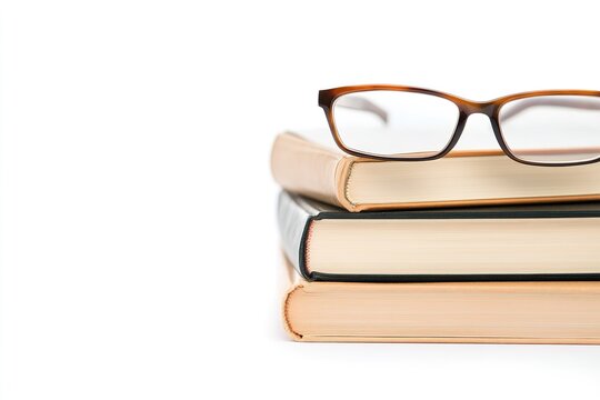 A stack of books with a pair of glasses on top. , isolated on white background