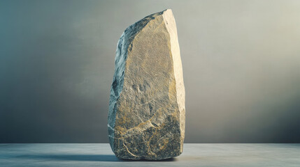 A polished stone monolith with intricate engravings, standing alone in a vast, solid-colored backdrop