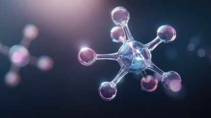 Abstract representation of molecular structures in a futuristic style, showcasing interconnected atoms and glowing effects against a dark background for science-related projects