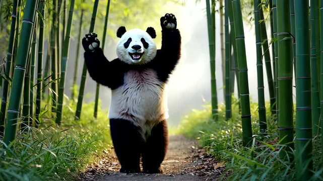 Happy panda standing and dancing in green bamboo forest at daytime