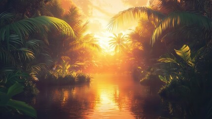 Golden Sunset over Tranquil Tropical River