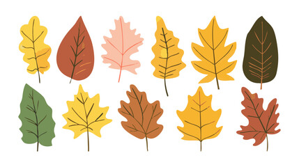 Set of tree and leaf collection hand drawn flat design vector element. botanical set of bare trees and ones with leaves and lush green