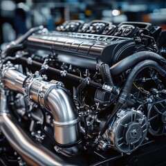 Close-up of an advanced mechanical engine component in a factory