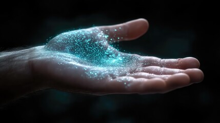 Fototapeta premium Ethereal Glow of Sparkling Particles in Open Hand Capturing the Magic of Light and Motion Against a Dark Background for Artistic Composition and Imaginative Concept
