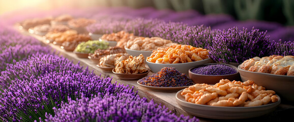 Colorful Assorted Snacks Displayed On Wooden Table Surrounded By Lavender Flowers