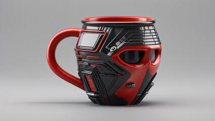 Fototapeta premium A stylized mug, shaped like a futuristic helmet, features a bold red and black color scheme