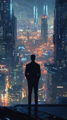 Fototapeta premium High-Tech Urban Skyline with Silhouetted Figure. AI Generation