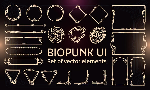 Set of Biopunk Elements for user interface, poster, video. Texh futuristic HUD. Template for rpg game interface. Vector Illustration EPS10