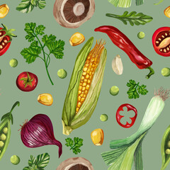 Seamless pattern vegetables on mint background. imitation oil art. Autumn harvest, healthy food.
