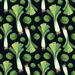 Seamless pattern leek on dark background. Imitation oil art. Autumn harvest, healthy food.
