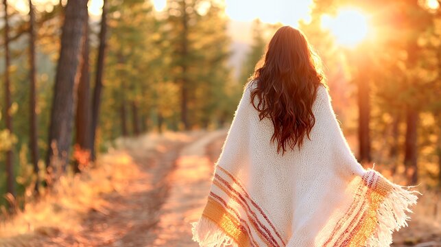 Woman Walks Along Forest Path at Sunset Wearing Warm Shawl