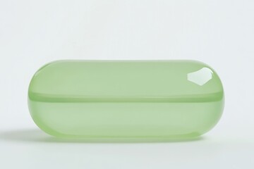 Light green, oblong, smooth capsule.  A translucent, light sage-green, oblong pill or capsule, lying horizontally on a plain white background.  The surface appears smooth and slightly glossy