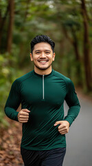 Fototapeta premium A man jogs along a scenic path in a lush green forest, wearing athletic gear and smiling, embodying a healthy lifestyle.
