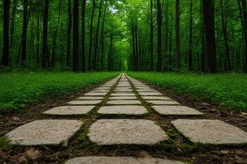 Fototapeta premium A paved path leads through a dense forest. Lush greenery surrounds a well-maintained stone walkway