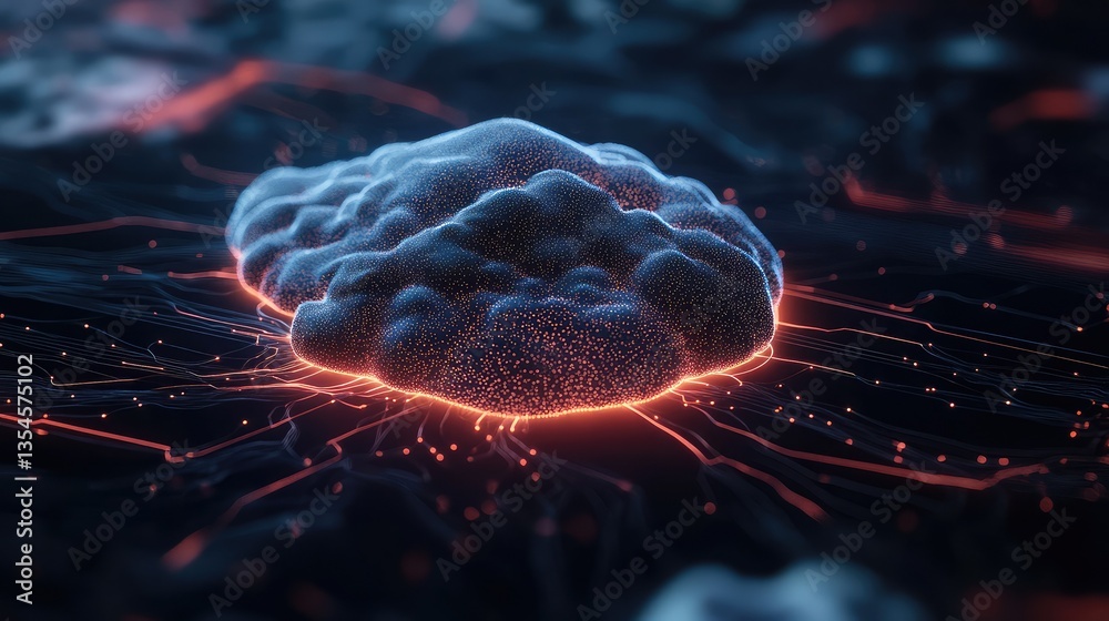 Poster abstract representation of a glowing neural network cluster with interconnected pathways, illustrati