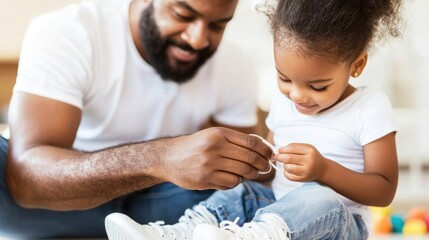 Father and daughter enjoy quality time together tying shoelaces indoors