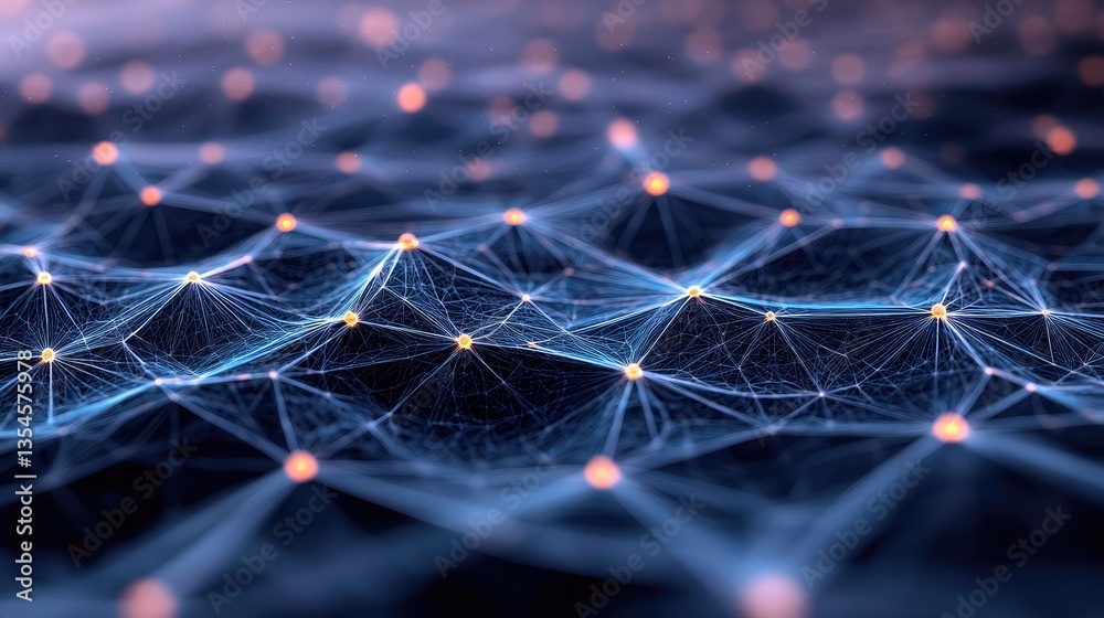 Poster abstract network of nodes and connections in a digital landscape, representing communication and dat