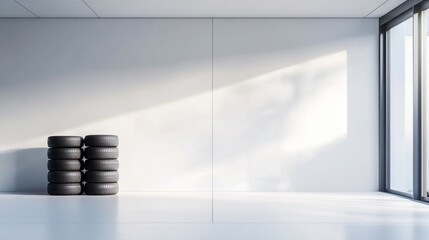Stack of Car Tires in a Modern White Room with Sunlight Reflection