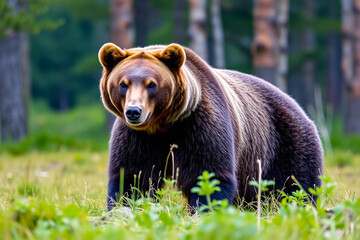 Grizzly Bear with Vibrant, Rich Fur Colors Gracefully Moving Through a Blurred Forest, Capturing Its Majestic Presence, Vibrant Wallpaper