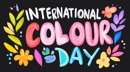 Vibrant chalk art with International Colour Day text and floral elements on black background