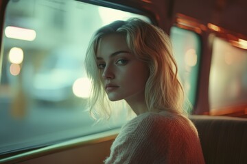 Young Woman with Blonde Hair Looking Over Shoulder in Vehicle at Night