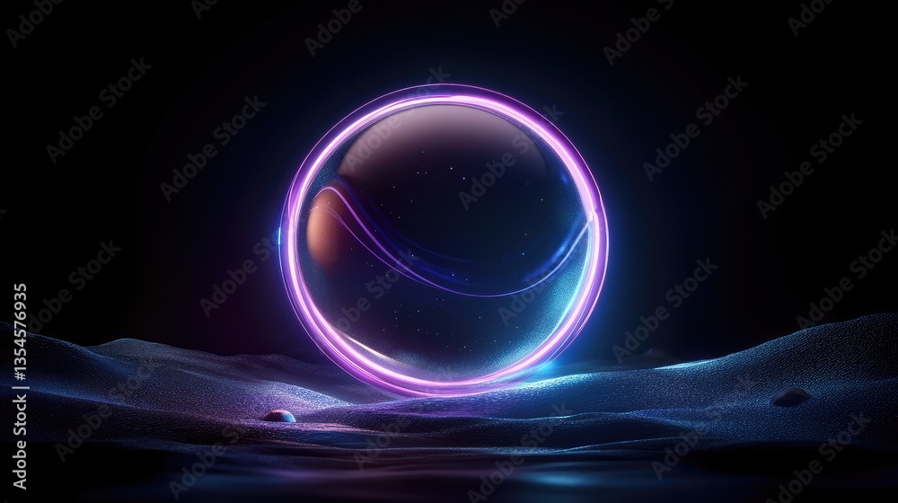 Poster glowing sphere on a dark surface with colorful light effects and reflections creating a futuristic a