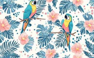 Fototapeta premium Vibrant tropical pattern with colorful macaws and exotic flowers in a lush green environment perfect for summer designs and nature themes