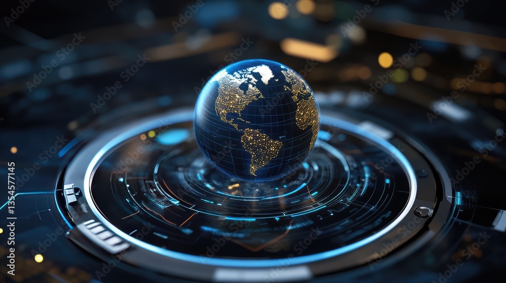Poster a high-tech modern globe display with illuminated world map and digital interface elements on a futu