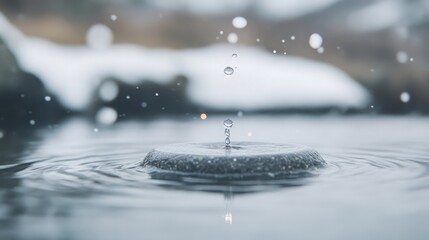 Water droplet impact on still water, with ripples and splashes