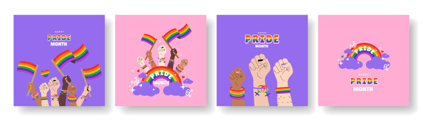 Set of greeting banner, card, poster, cover set with LGBTQ symbol. Vector design template for Pride Month celebration.