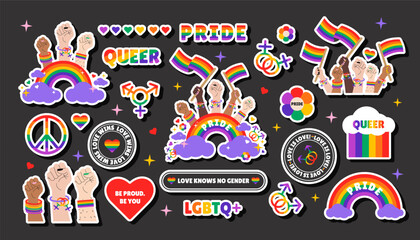 LGBT sticker set with LGBTQ rainbow elements, queer slogans, phrases and quotes. for Pride Month celebration. Vector illustration