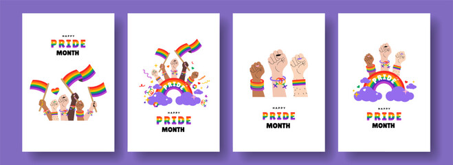 Set of greeting banner, card, poster, cover set with LGBTQ symbol. Vector design template for Pride Month celebration.