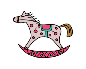 Toy horse, rocking. Children's game, linear icon of rocking horse. Silhouette of multicolored horse toy. Concept of antique wooden toy. Isolated shape of horse toy.
