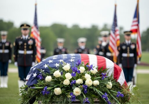 American military funeral with flag-draped casket and soldier honor guard in background