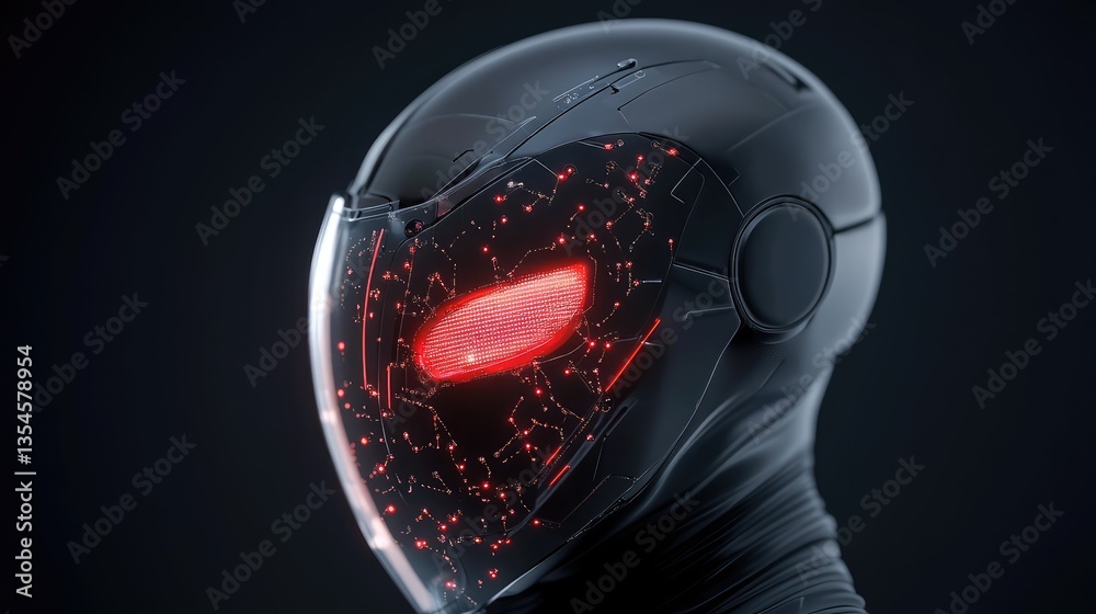 Poster futuristic robot head with glowing red elements and complex circuit patterns, isolated on dark backg