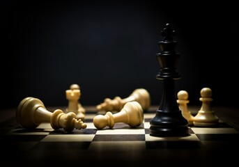 Dramatic chess endgame with toppled pieces on a dark chessboard
