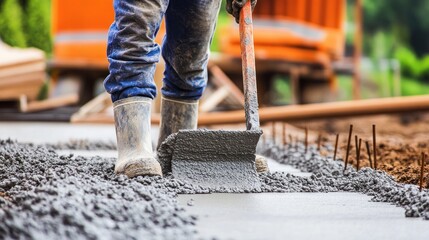 Construction Worker Pouring Concrete During Road Paving