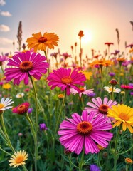 Fototapeta premium Vibrant wildflowers in full bloom against a sunny sky, white, nature