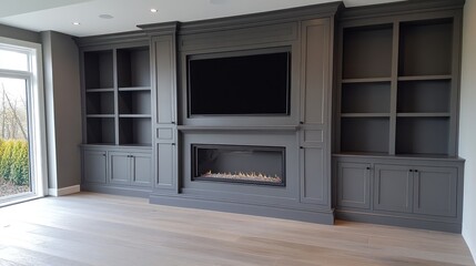 Modern Gray Entertainment Center with Fireplace and Built-in Shelving