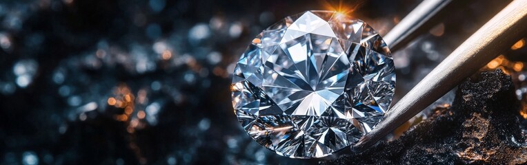 Close-up of Sparkling Diamond in Tweezers with Bright Reflections