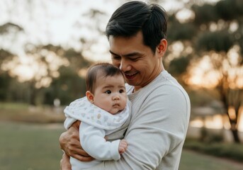 Obraz premium Asian father happily holding baby in tranquil park at sunset